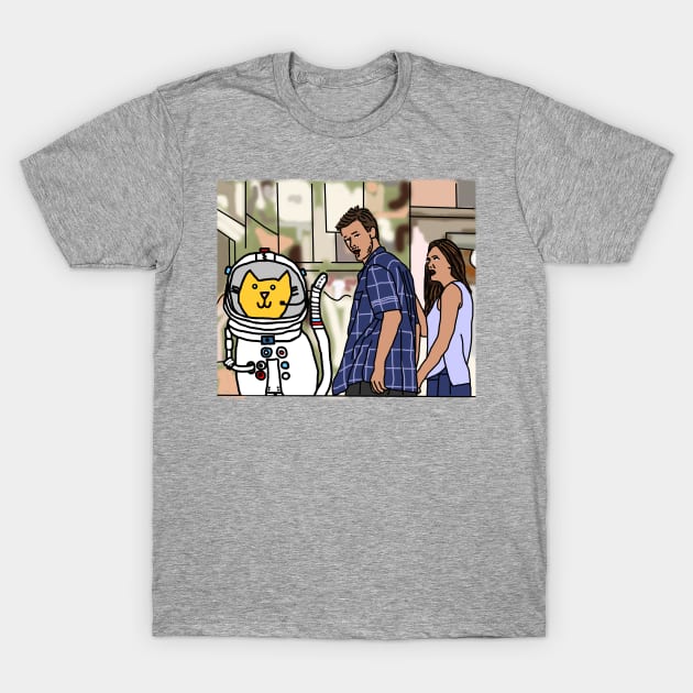 Distracted Boyfriend Meme Space Cat Sci Fi T-Shirt by ellenhenryart